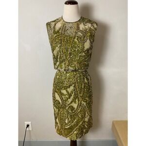 Vintage Olive Green Beaded Sheer Overlay Dress